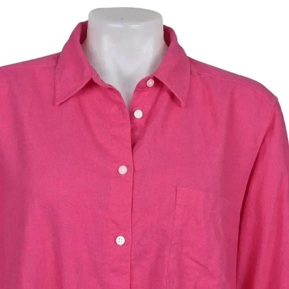 LOFT Linen Blend  Button Down Blouse Barbiecore Long Sleeve Size Large - Picture 2 of 11